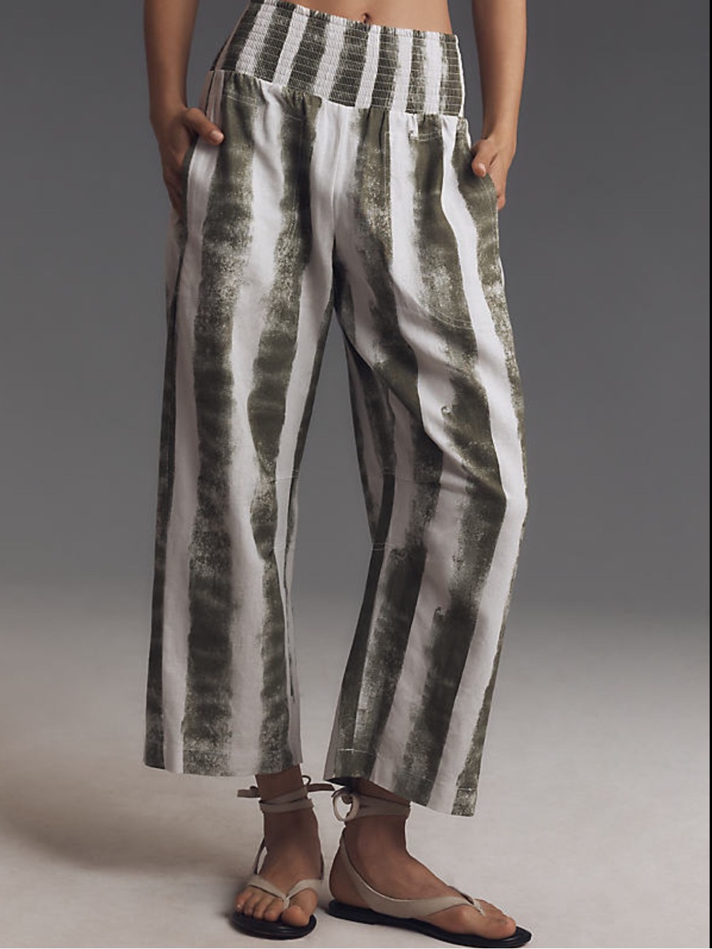 NWOT Pilcro The Reese Printed Barrel Olive and White Striped Linen Pants Size XL
